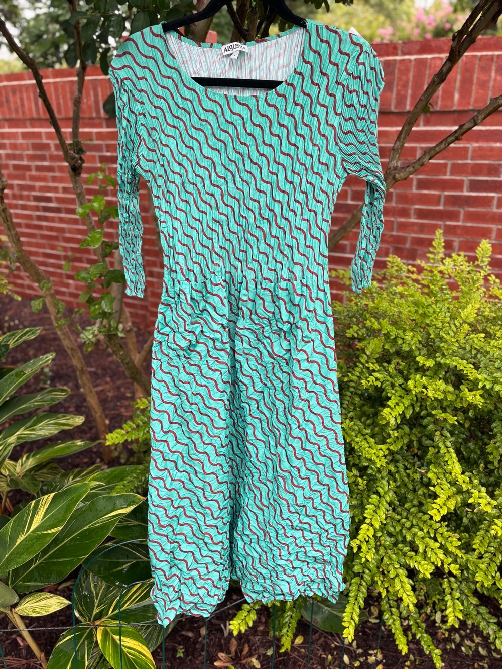 ALQUEMA Smash Pocket Dress Aqua with Red Wavy Lines 3/4 Sleeves Size 1 = US 6-10